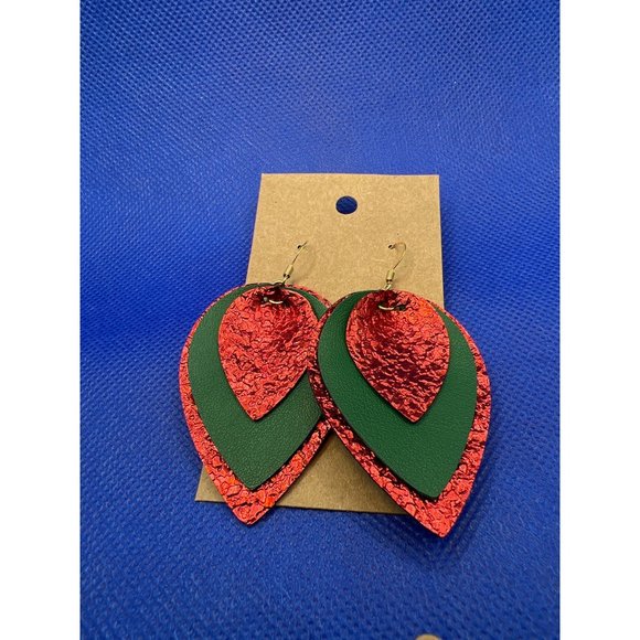Red, green faux leather drop earrings - Picture 1 of 3